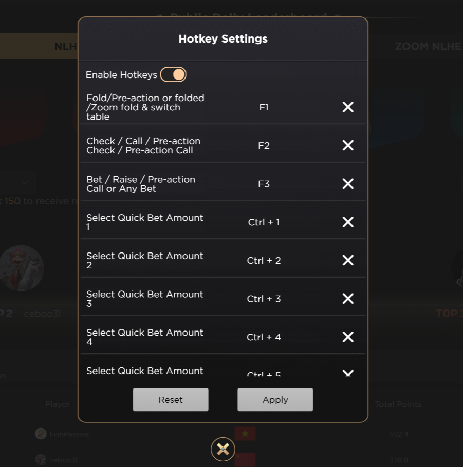 Hotkey settings